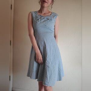 Cute Light Blue Polka Dot Retro Pin Up Girl Vintage Style Dress Size Small